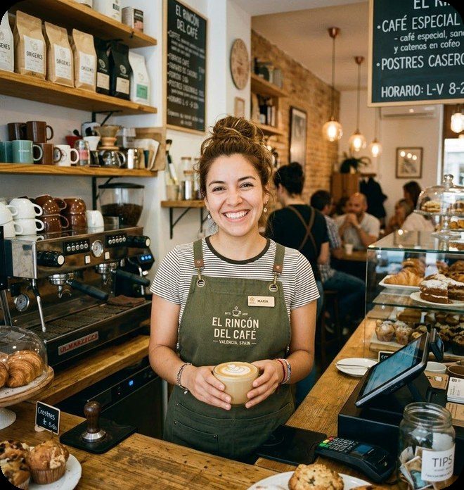 Dueña de un comercio local en el mostrador de su negocio